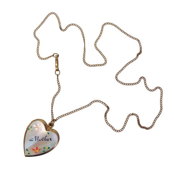 Vintage Mother of Pearl Heart Photo Locket Necklace 50s Hand Painted Mom Gift - Picture 7 of 16